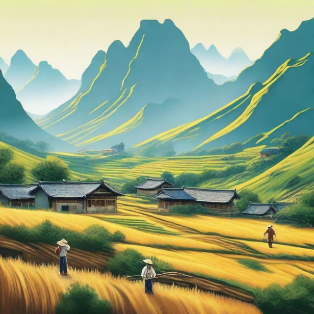 A nostalgic scene depicting the 'Up to the Mountains and Down to the Countryside Movement' in China