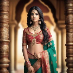 A beautiful Indian woman with a hot figure, dressed in traditional attire, standing gracefully