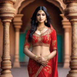 A beautiful Indian woman with a hot figure, dressed in traditional attire, standing gracefully