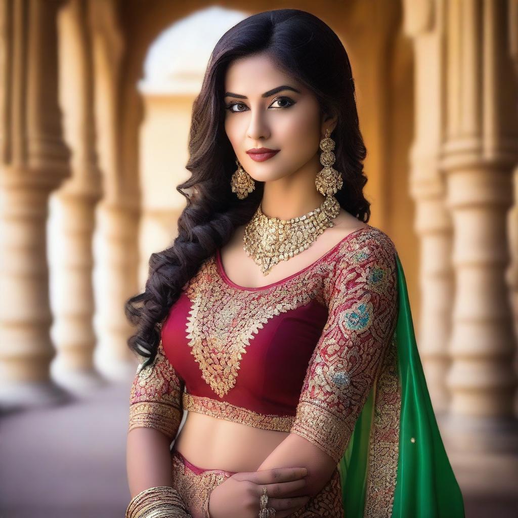 A beautiful Indian woman with a hot figure, dressed in traditional attire, standing gracefully