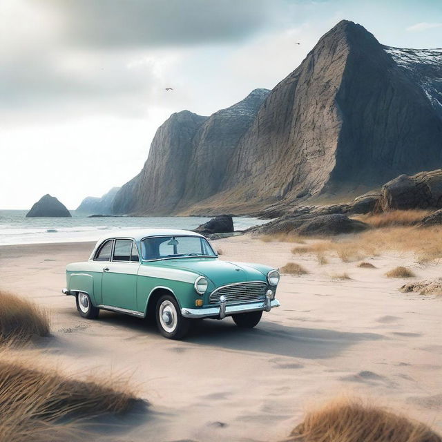 Create an image depicting a scenic Nordic beach with a car traveling along the coastline