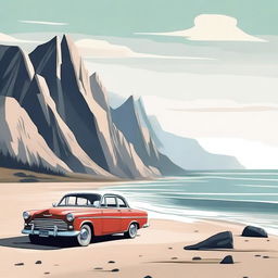 Create an image depicting a scenic Nordic beach with a car traveling along the coastline