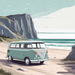 Create an image depicting a scenic Nordic beach with a car traveling along the coastline