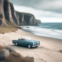 Create an image depicting a scenic Nordic beach with a car traveling along the coastline