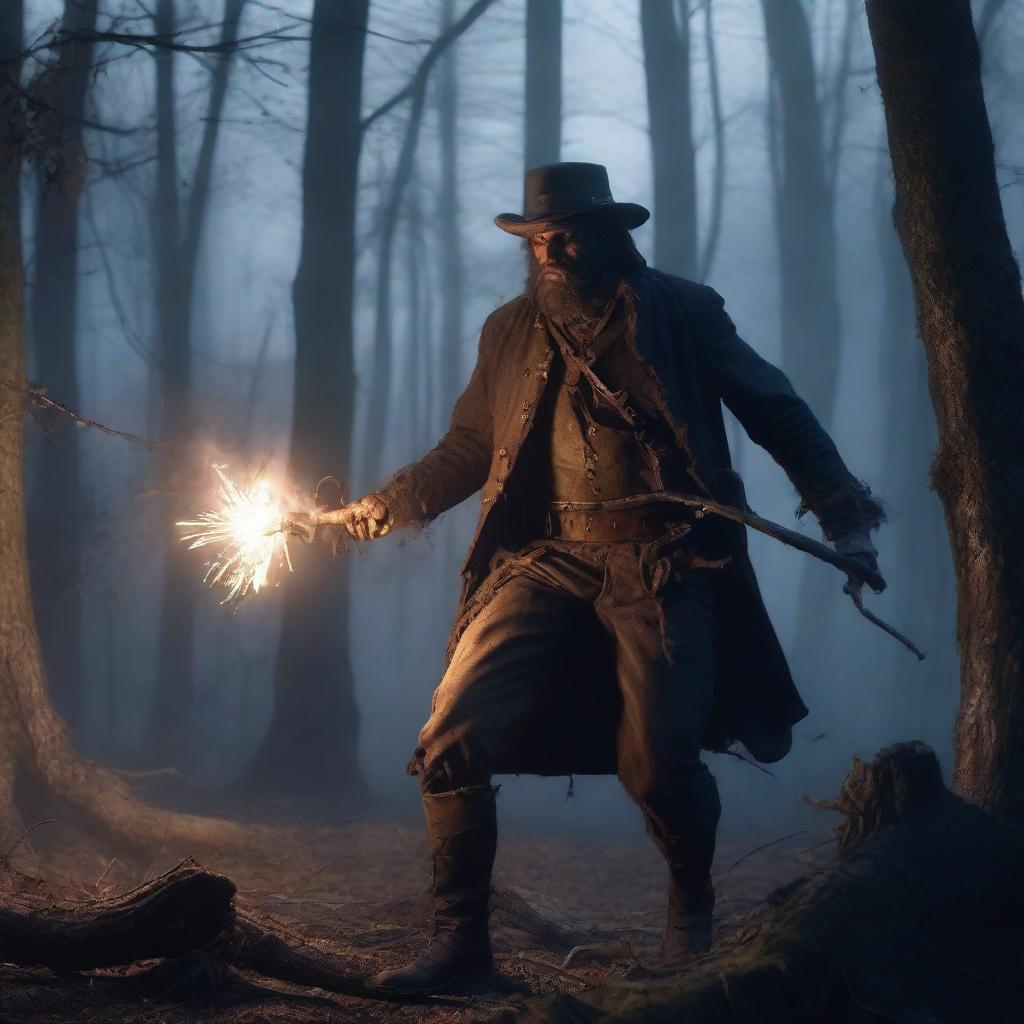 An ex-Confederacy soldier with mystic powers, dressed in tattered Civil War-era clothing, wielding a glowing staff