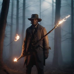 A young ex-Confederacy soldier with mystic powers, dressed in tattered Civil War-era clothing, wielding a glowing staff