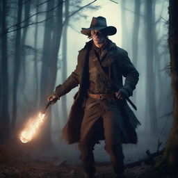 A young ex-Confederacy soldier with mystic powers, dressed in tattered Civil War-era clothing, wielding a glowing staff