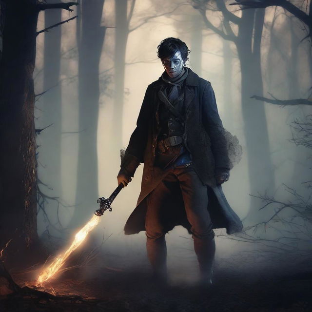 A young ex-Confederacy soldier with mystic powers, dressed in tattered Civil War-era clothing, wielding a glowing staff