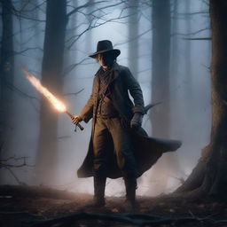 A young ex-Confederacy soldier with mystic powers, dressed in tattered Civil War-era clothing, wielding a glowing staff