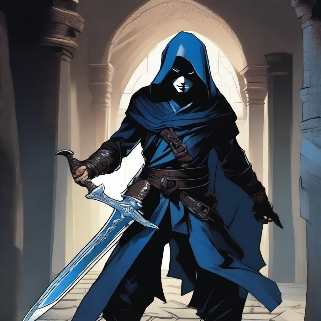 A rogue character from Dungeons and Dragons wielding scissors-like blades, featuring striking blue eyes