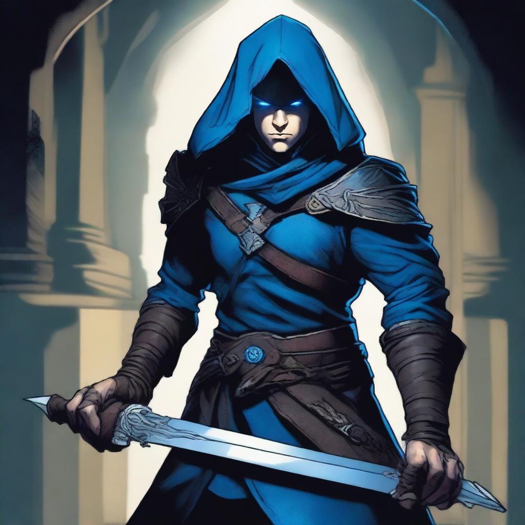 A rogue character from Dungeons and Dragons wielding scissors-like blades, featuring striking blue eyes