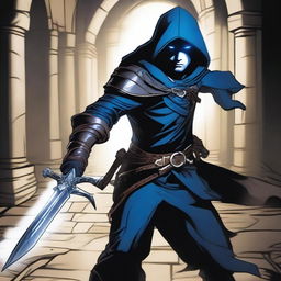 A rogue character from Dungeons and Dragons wielding scissors-like blades, featuring striking blue eyes