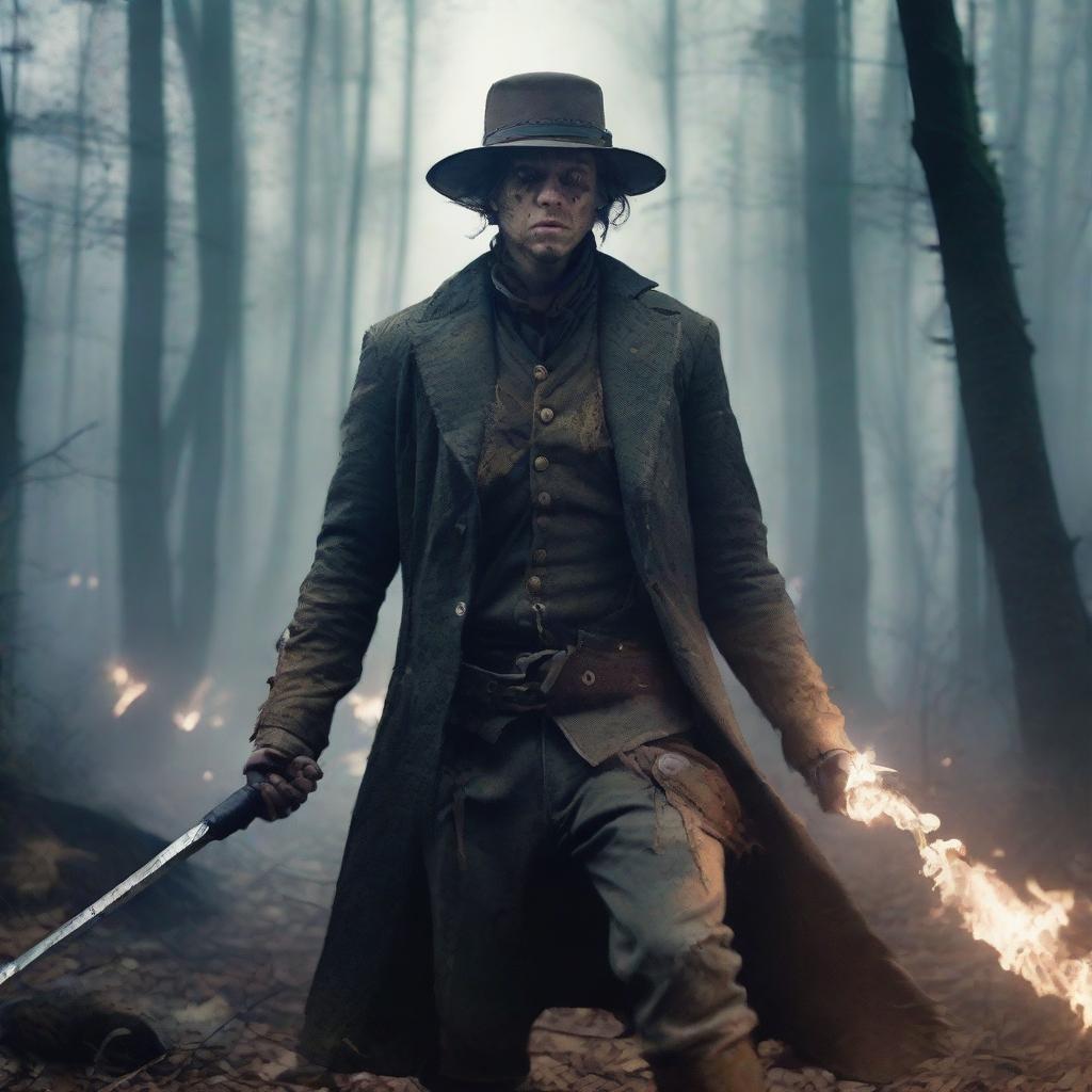 A young ex-Confederacy soldier with mystic powers, dressed in tattered Civil War-era clothing, wielding a glowing staff