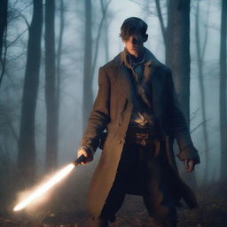 A young ex-Confederacy soldier with mystic powers, dressed in tattered Civil War-era clothing, wielding a glowing staff