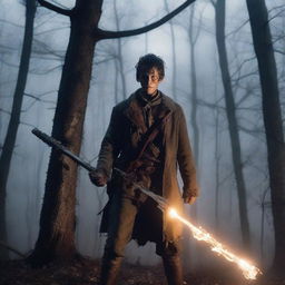 A young ex-Confederacy soldier with mystic powers, dressed in tattered Civil War-era clothing, wielding a glowing staff