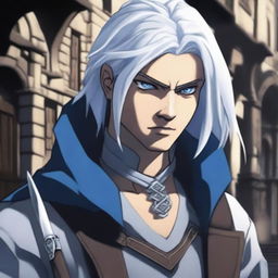 A rogue character with scissors-like blades, featuring striking blue eyes and silver hair