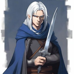 A rogue character with scissors-like blades, featuring striking blue eyes and silver hair