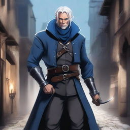 A rogue character with scissors-like blades, featuring striking blue eyes and silver hair