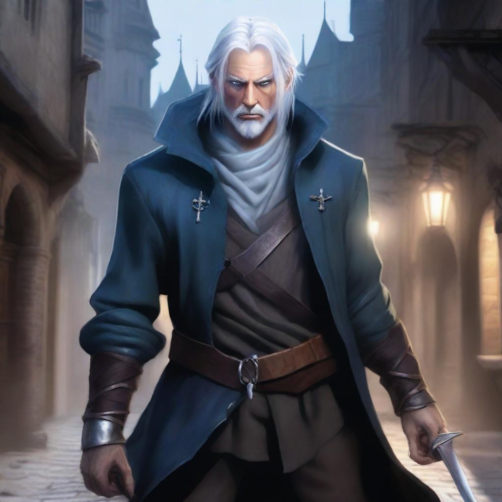 A rogue character with scissors-like blades, featuring striking blue eyes and silver hair