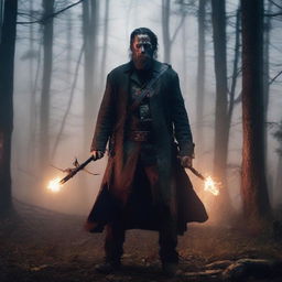 A 30-year-old ex-Confederacy soldier with mystic powers, dressed in tattered Civil War-era clothing, wielding a glowing staff