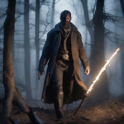 A 30-year-old ex-Confederacy soldier with mystic powers, dressed in tattered Civil War-era clothing, wielding a glowing staff