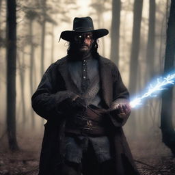 A 30-year-old ex-Confederacy soldier with mystic powers, dressed in tattered Civil War-era clothing, wielding a glowing staff