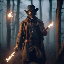 A 30-year-old ex-Confederacy soldier with mystic powers, dressed in tattered Civil War-era clothing, wielding a glowing staff