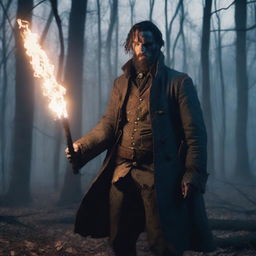 A 30-year-old ex-Confederacy soldier with mystic powers, dressed in tattered Civil War-era clothing, wielding a glowing staff