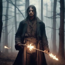 A 30-year-old ex-Confederacy soldier with mystic powers, dressed in tattered Civil War-era clothing, wielding a glowing staff