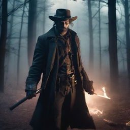 A 30-year-old ex-Confederacy soldier with mystic powers, dressed in tattered Civil War-era clothing, wielding a glowing staff