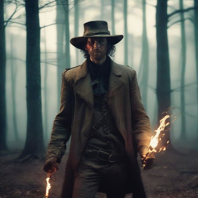 A 30-year-old ex-Confederacy soldier with mystic powers, dressed in tattered Civil War-era clothing, wielding a glowing staff