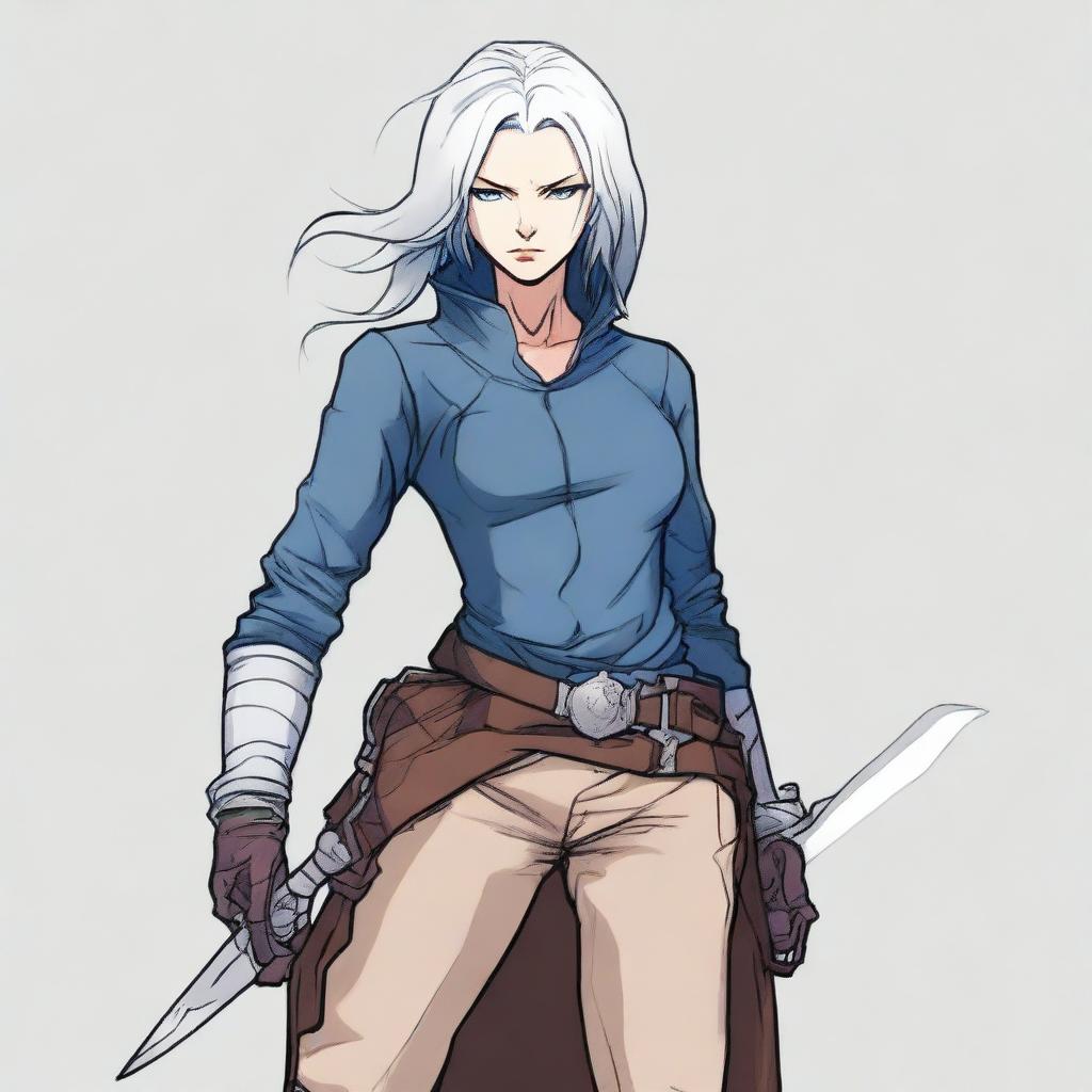 A detailed drawing of a rogue character with silver hair and blue eyes, holding a pair of scissors