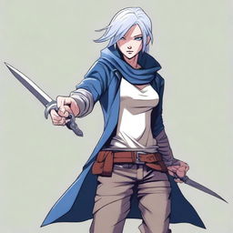 A detailed drawing of a rogue character with silver hair and blue eyes, holding a pair of scissors