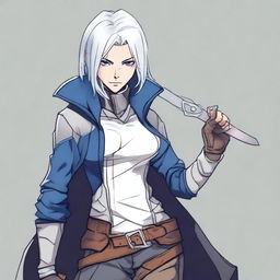 A detailed drawing of a rogue character with silver hair and blue eyes, holding a pair of scissors