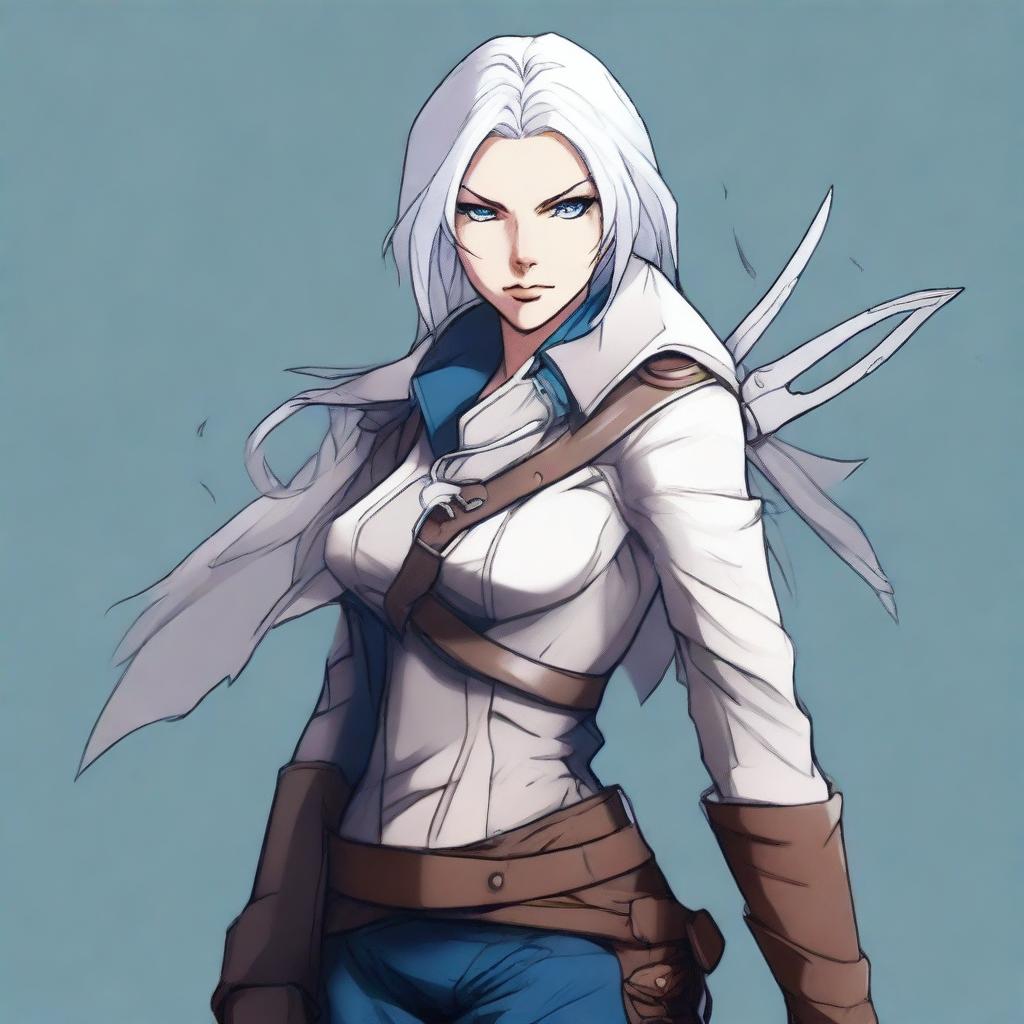 A detailed drawing of a rogue character with silver hair and blue eyes, holding a pair of scissors