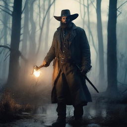 A 30-year-old ex-Confederacy soldier with mystic powers, dressed in tattered Civil War-era clothing, wielding a glowing staff