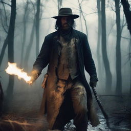 A 30-year-old ex-Confederacy soldier with mystic powers, dressed in tattered Civil War-era clothing, wielding a glowing staff