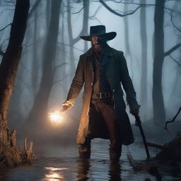 A 30-year-old ex-Confederacy soldier with mystic powers, dressed in tattered Civil War-era clothing, wielding a glowing staff