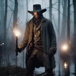 A 30-year-old ex-Confederacy soldier with mystic powers, dressed in tattered Civil War-era clothing, wielding a glowing staff