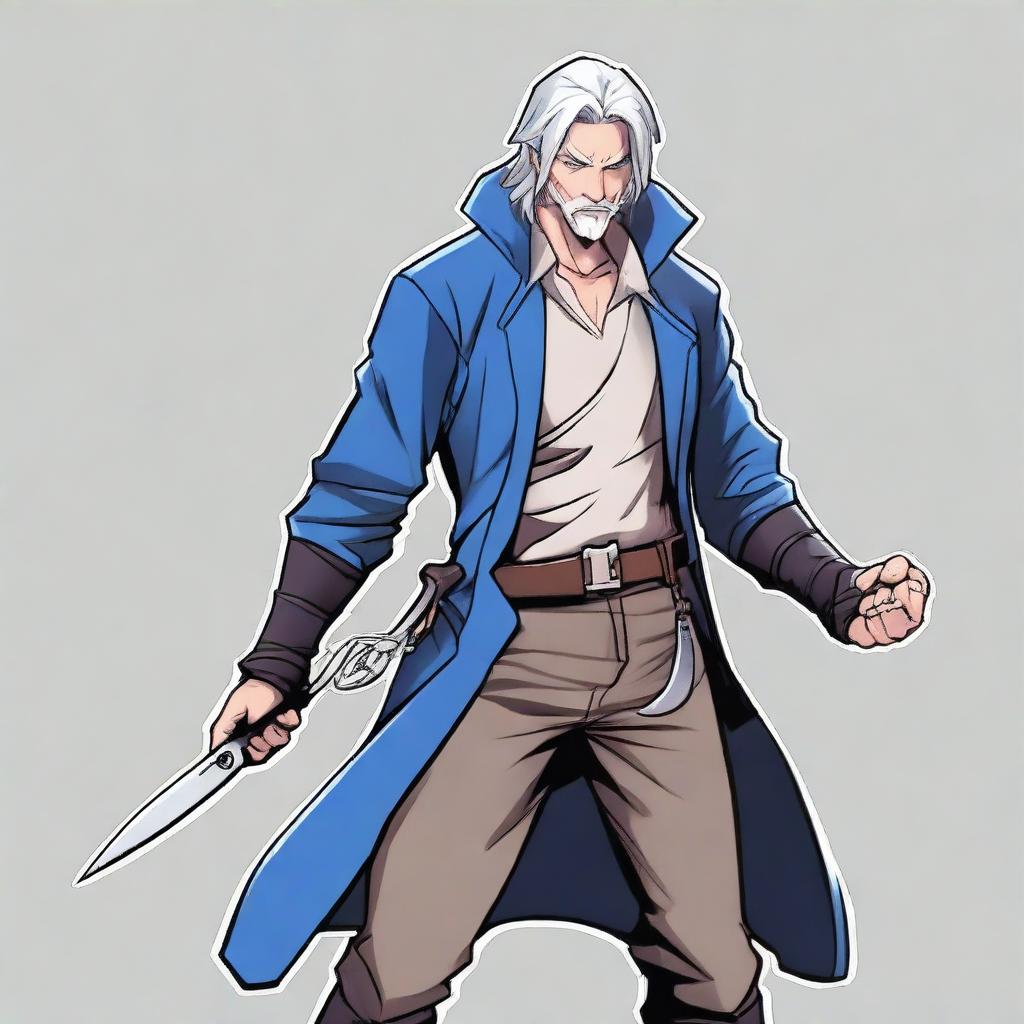 A detailed drawing of a male rogue character with silver hair and blue eyes, holding a pair of scissors