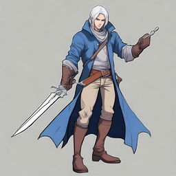 A detailed drawing of a male rogue character with silver hair and blue eyes, holding a pair of scissors