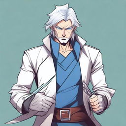 A detailed drawing of a male rogue character with silver hair and blue eyes, holding a pair of scissors