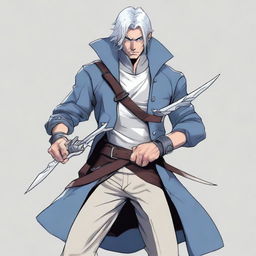 A detailed drawing of a male rogue character with silver hair and blue eyes, holding a pair of scissors