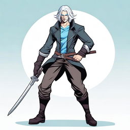 A dynamic illustration of a male rogue character with silver hair and blue eyes, holding a pair of scissors