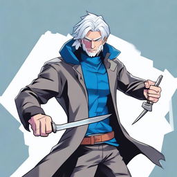 A dynamic illustration of a male rogue character with silver hair and blue eyes, holding a pair of scissors