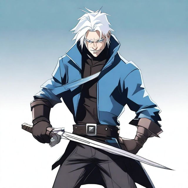 A dynamic illustration of a male rogue character with silver hair and blue eyes, holding a pair of scissors