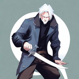 A dynamic illustration of a male rogue character with silver hair and blue eyes, holding a pair of scissors