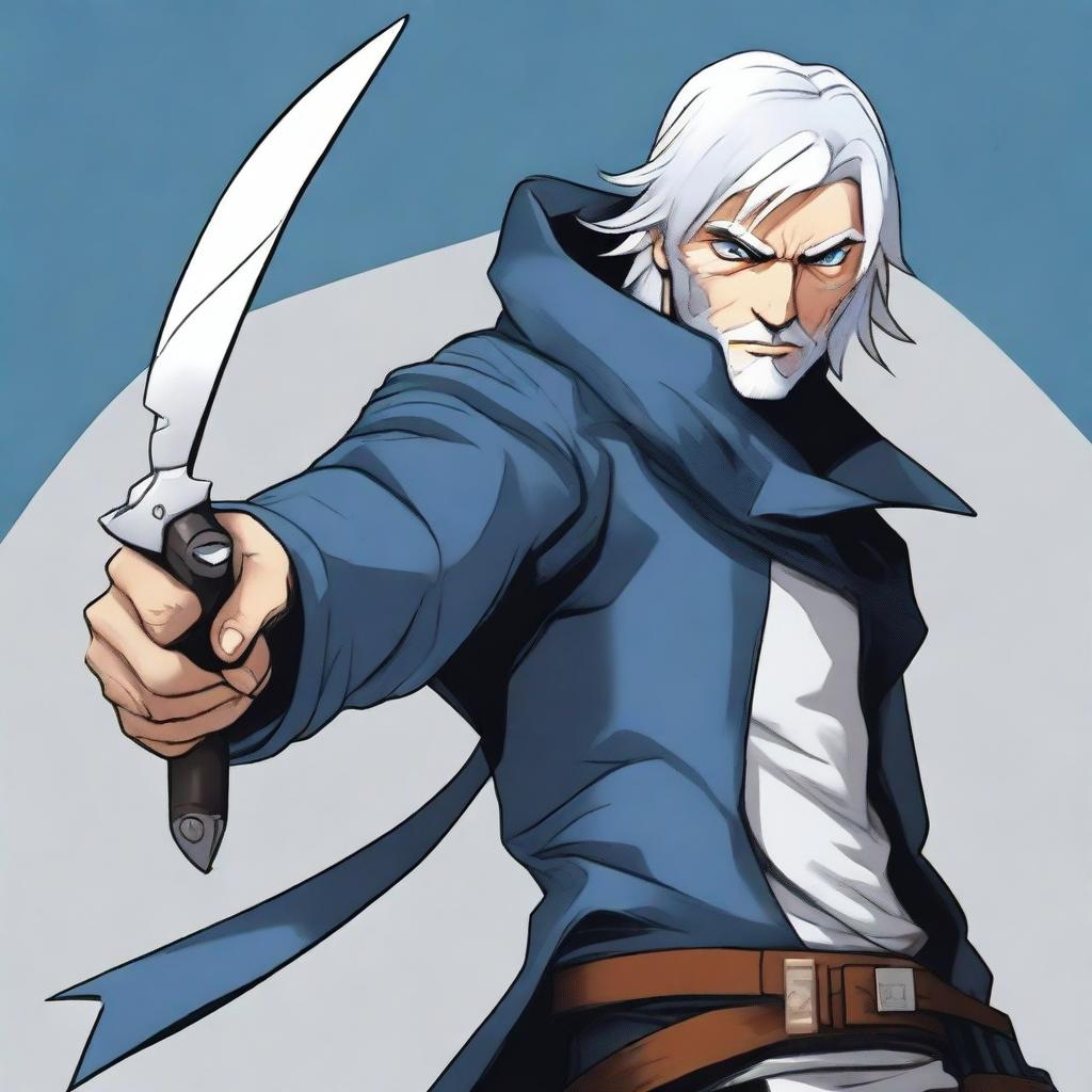 A detailed illustration of a male rogue character with silver hair and blue eyes, holding a pair of scissors