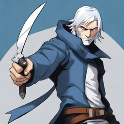 A detailed illustration of a male rogue character with silver hair and blue eyes, holding a pair of scissors