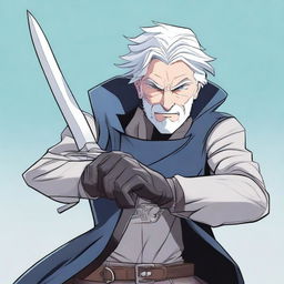 A detailed illustration of a male rogue character with silver hair and blue eyes, holding a pair of scissors